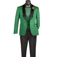 VINCI Men's Green Jacquard 3-Piece Slim Fit Tuxedo Wedding Suit – NEW. Features a slim silhouette with bold trimmed shawl lapel, fully lined jacket, and flat-front tuxedo pants with unfinished hems for tailored fit. A refined choice for weddings and formal events. Available at Fashion House Inc. (FH Menswear, Style #TVSJ-1)