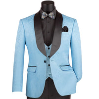 VINCI Men's Light Blue Jacquard 3-Piece Slim Fit Tuxedo Wedding Suit – NEW. Features a slim silhouette with bold trimmed shawl lapel, fully lined jacket, and flat-front tuxedo pants with unfinished hems for tailored fit. A refined choice for weddings and formal events. Available at Fashion House Inc. (FH Menswear, Style #TVSJ-1)