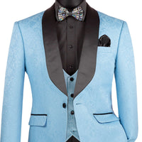 VINCI Men's Light Blue Jacquard 3-Piece Slim Fit Tuxedo Wedding Suit – NEW. Features a slim silhouette with bold trimmed shawl lapel, fully lined jacket, and flat-front tuxedo pants with unfinished hems for tailored fit. A refined choice for weddings and formal events. Available at Fashion House Inc. (FH Menswear, Style #TVSJ-1)