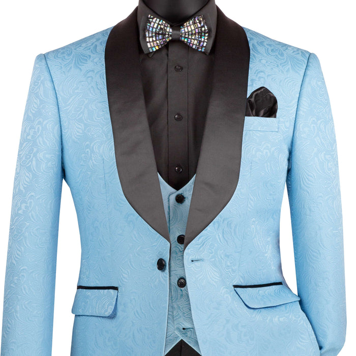 VINCI Men's Light Blue Jacquard 3-Piece Slim Fit Tuxedo Wedding Suit – NEW. Features a slim silhouette with bold trimmed shawl lapel, fully lined jacket, and flat-front tuxedo pants with unfinished hems for tailored fit. A refined choice for weddings and formal events. Available at Fashion House Inc. (FH Menswear, Style #TVSJ-1)