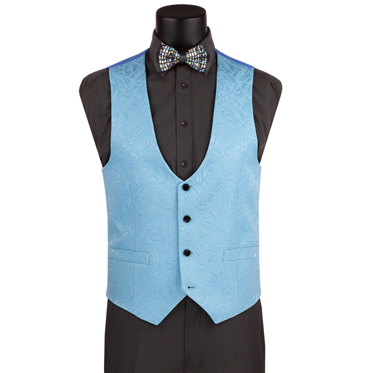 VINCI Men's Light Blue Jacquard 3-Piece Slim Fit Tuxedo Wedding Suit – NEW. Features a slim silhouette with bold trimmed shawl lapel, fully lined jacket, and flat-front tuxedo pants with unfinished hems for tailored fit. A refined choice for weddings and formal events. Available at Fashion House Inc. (FH Menswear, Style #TVSJ-1)