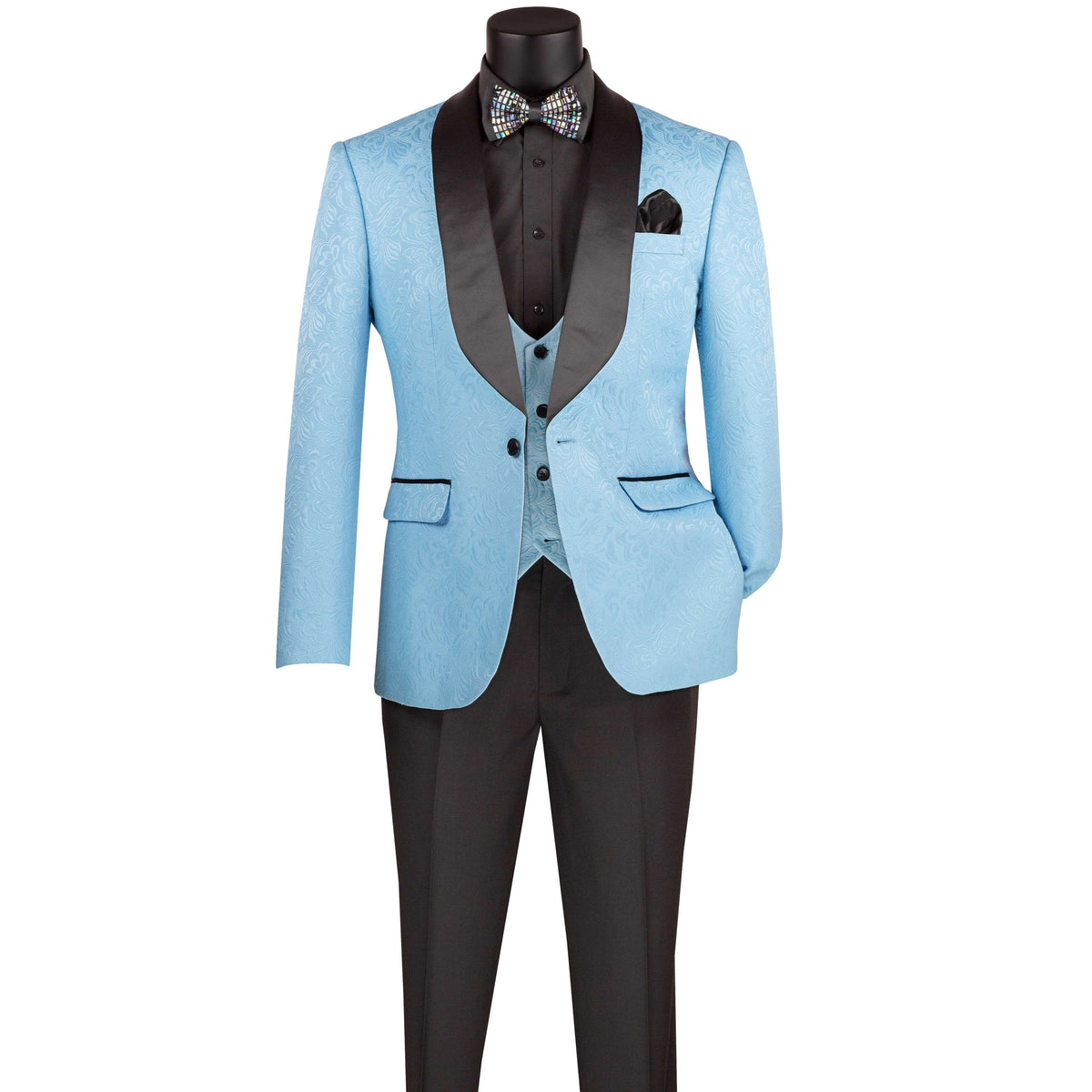 VINCI Men's Light Blue Jacquard 3-Piece Slim Fit Tuxedo Wedding Suit – NEW. Features a slim silhouette with bold trimmed shawl lapel, fully lined jacket, and flat-front tuxedo pants with unfinished hems for tailored fit. A refined choice for weddings and formal events. Available at Fashion House Inc. (FH Menswear, Style #TVSJ-1)