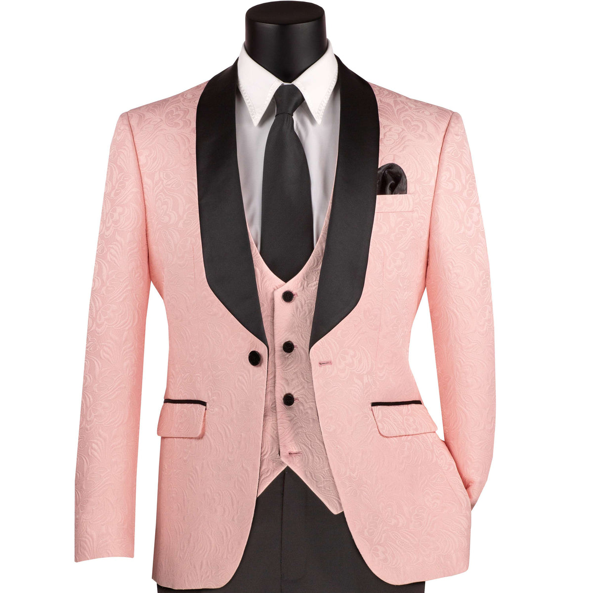 VINCI Men's Pink Jacquard 3-Piece Slim Fit Tuxedo Wedding Suit – NEW. Features a slim silhouette with bold trimmed shawl lapel, fully lined jacket, and flat-front tuxedo pants with unfinished hems for tailored fit. A refined choice for weddings and formal events. Available at Fashion House Inc. (FH Menswear, Style #TVSJ-1)
