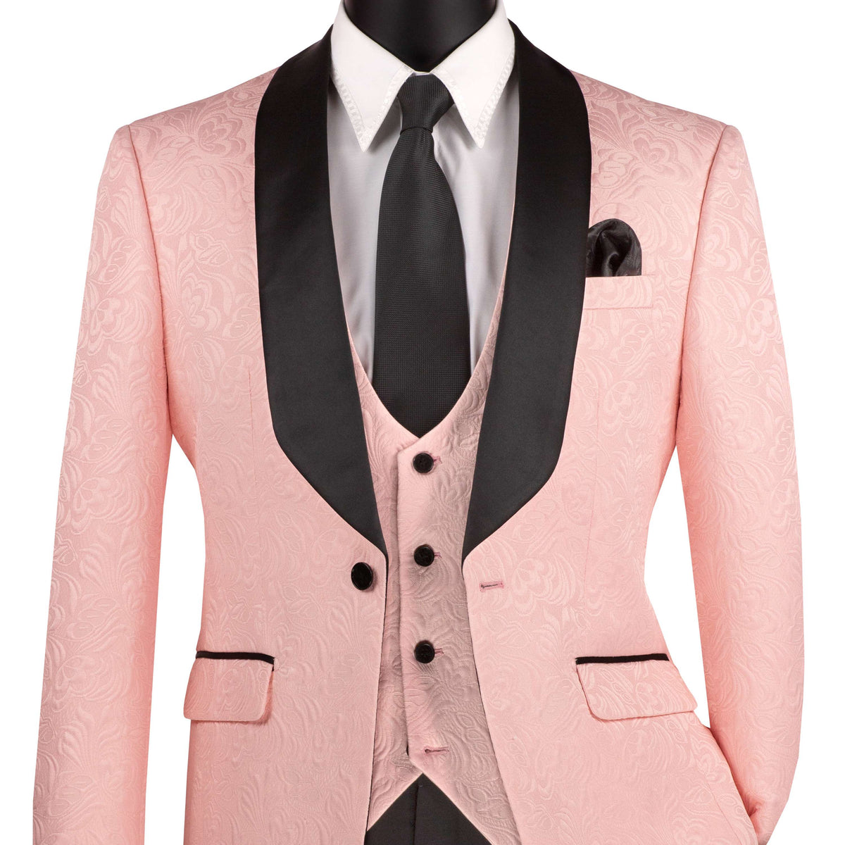 VINCI Men's Pink Jacquard 3-Piece Slim Fit Tuxedo Wedding Suit – NEW. Features a slim silhouette with bold trimmed shawl lapel, fully lined jacket, and flat-front tuxedo pants with unfinished hems for tailored fit. A refined choice for weddings and formal events. Available at Fashion House Inc. (FH Menswear, Style #TVSJ-1)