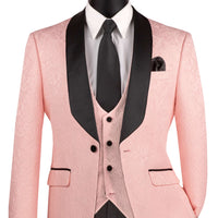 VINCI Men's Pink Jacquard 3-Piece Slim Fit Tuxedo Wedding Suit – NEW. Features a slim silhouette with bold trimmed shawl lapel, fully lined jacket, and flat-front tuxedo pants with unfinished hems for tailored fit. A refined choice for weddings and formal events. Available at Fashion House Inc. (FH Menswear, Style #TVSJ-1)