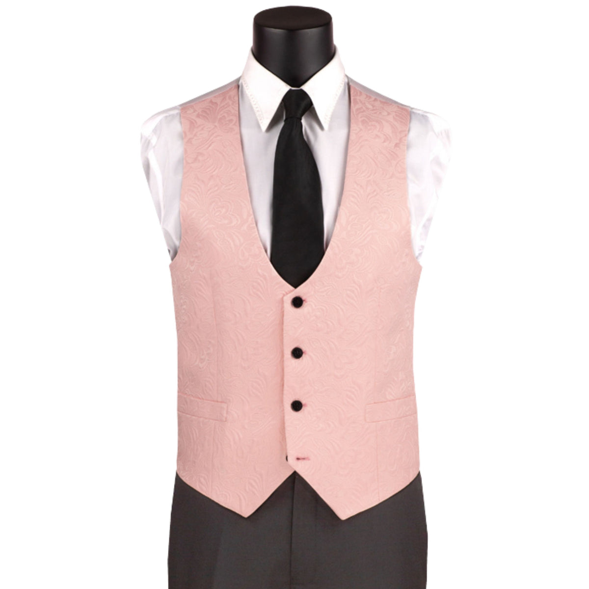 VINCI Men's Pink Jacquard 3-Piece Slim Fit Tuxedo Wedding Suit – NEW. Features a slim silhouette with bold trimmed shawl lapel, fully lined jacket, and flat-front tuxedo pants with unfinished hems for tailored fit. A refined choice for weddings and formal events. Available at Fashion House Inc. (FH Menswear, Style #TVSJ-1)
