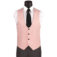VINCI Men's Pink Jacquard 3-Piece Slim Fit Tuxedo Wedding Suit – NEW. Features a slim silhouette with bold trimmed shawl lapel, fully lined jacket, and flat-front tuxedo pants with unfinished hems for tailored fit. A refined choice for weddings and formal events. Available at Fashion House Inc. (FH Menswear, Style #TVSJ-1)