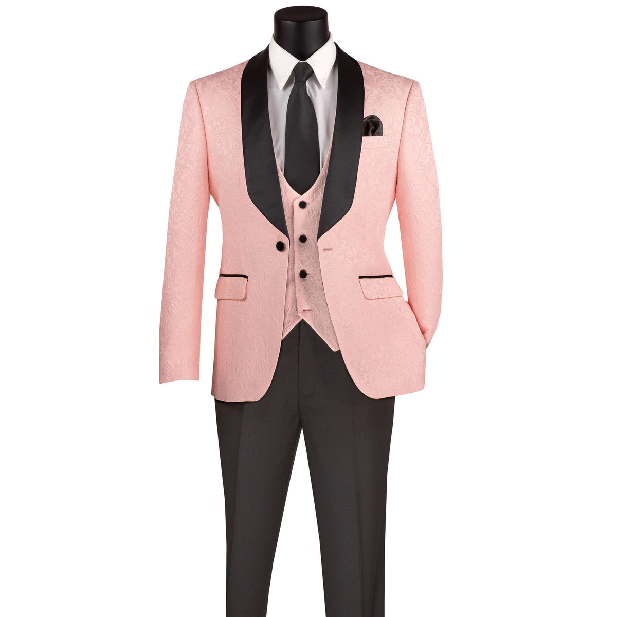 VINCI Men's Pink Jacquard 3-Piece Slim Fit Tuxedo Wedding Suit – NEW. Features a slim silhouette with bold trimmed shawl lapel, fully lined jacket, and flat-front tuxedo pants with unfinished hems for tailored fit. A refined choice for weddings and formal events. Available at Fashion House Inc. (FH Menswear, Style #TVSJ-1)