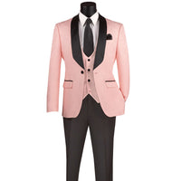 VINCI Men's Pink Jacquard 3-Piece Slim Fit Tuxedo Wedding Suit – NEW. Features a slim silhouette with bold trimmed shawl lapel, fully lined jacket, and flat-front tuxedo pants with unfinished hems for tailored fit. A refined choice for weddings and formal events. Available at Fashion House Inc. (FH Menswear, Style #TVSJ-1)