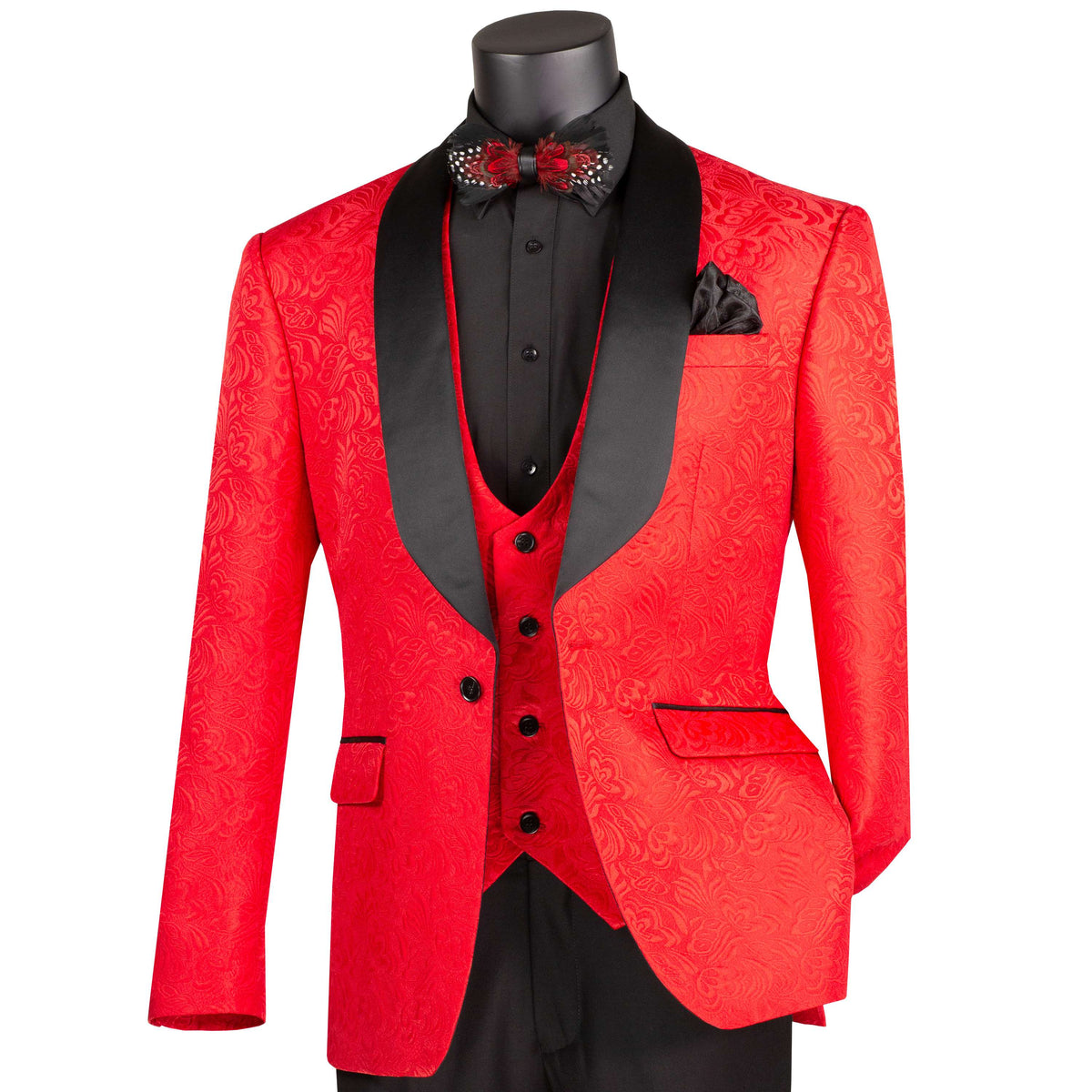 VINCI Men's Red Jacquard 3-Piece Slim Fit Tuxedo Wedding Suit – NEW. Features a slim silhouette with bold trimmed shawl lapel, fully lined jacket, and flat-front tuxedo pants with unfinished hems for tailored fit. A refined choice for weddings and formal events. Available at Fashion House Inc. (FH Menswear, Style #TVSJ-1)
