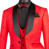 VINCI Men's Red Jacquard 3-Piece Slim Fit Tuxedo Wedding Suit – NEW. Features a slim silhouette with bold trimmed shawl lapel, fully lined jacket, and flat-front tuxedo pants with unfinished hems for tailored fit. A refined choice for weddings and formal events. Available at Fashion House Inc. (FH Menswear, Style #TVSJ-1)