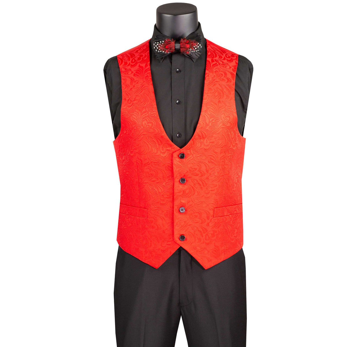 VINCI Men's Red Jacquard 3-Piece Slim Fit Tuxedo Wedding Suit – NEW. Features a slim silhouette with bold trimmed shawl lapel, fully lined jacket, and flat-front tuxedo pants with unfinished hems for tailored fit. A refined choice for weddings and formal events. Available at Fashion House Inc. (FH Menswear, Style #TVSJ-1)