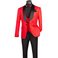 VINCI Men's Red Jacquard 3-Piece Slim Fit Tuxedo Wedding Suit – NEW. Features a slim silhouette with bold trimmed shawl lapel, fully lined jacket, and flat-front tuxedo pants with unfinished hems for tailored fit. A refined choice for weddings and formal events. Available at Fashion House Inc. (FH Menswear, Style #TVSJ-1)
