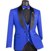 VINCI Men's Royal Blue Jacquard 3-Piece Slim Fit Tuxedo Wedding Suit – NEW. Features a slim silhouette with bold trimmed shawl lapel, fully lined jacket, and flat-front tuxedo pants with unfinished hems for tailored fit. A refined choice for weddings and formal events. Available at Fashion House Inc. (FH Menswear, Style #TVSJ-1)