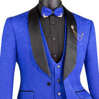 VINCI Men's Royal Blue Jacquard 3-Piece Slim Fit Tuxedo Wedding Suit – NEW. Features a slim silhouette with bold trimmed shawl lapel, fully lined jacket, and flat-front tuxedo pants with unfinished hems for tailored fit. A refined choice for weddings and formal events. Available at Fashion House Inc. (FH Menswear, Style #TVSJ-1)