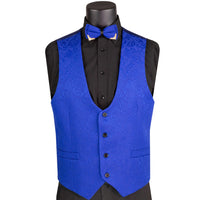 VINCI Men's Royal Blue Jacquard 3-Piece Slim Fit Tuxedo Wedding Suit – NEW. Features a slim silhouette with bold trimmed shawl lapel, fully lined jacket, and flat-front tuxedo pants with unfinished hems for tailored fit. A refined choice for weddings and formal events. Available at Fashion House Inc. (FH Menswear, Style #TVSJ-1)