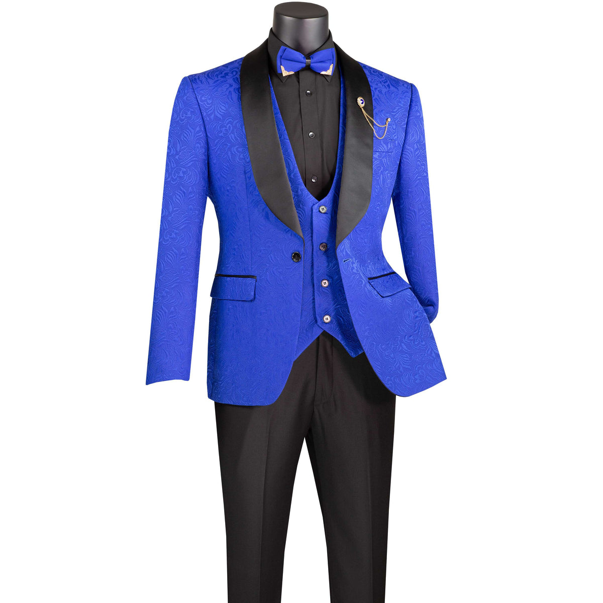 VINCI Men's Royal Blue Jacquard 3-Piece Slim Fit Tuxedo Wedding Suit – NEW. Features a slim silhouette with bold trimmed shawl lapel, fully lined jacket, and flat-front tuxedo pants with unfinished hems for tailored fit. A refined choice for weddings and formal events. Available at Fashion House Inc. (FH Menswear, Style #TVSJ-1)