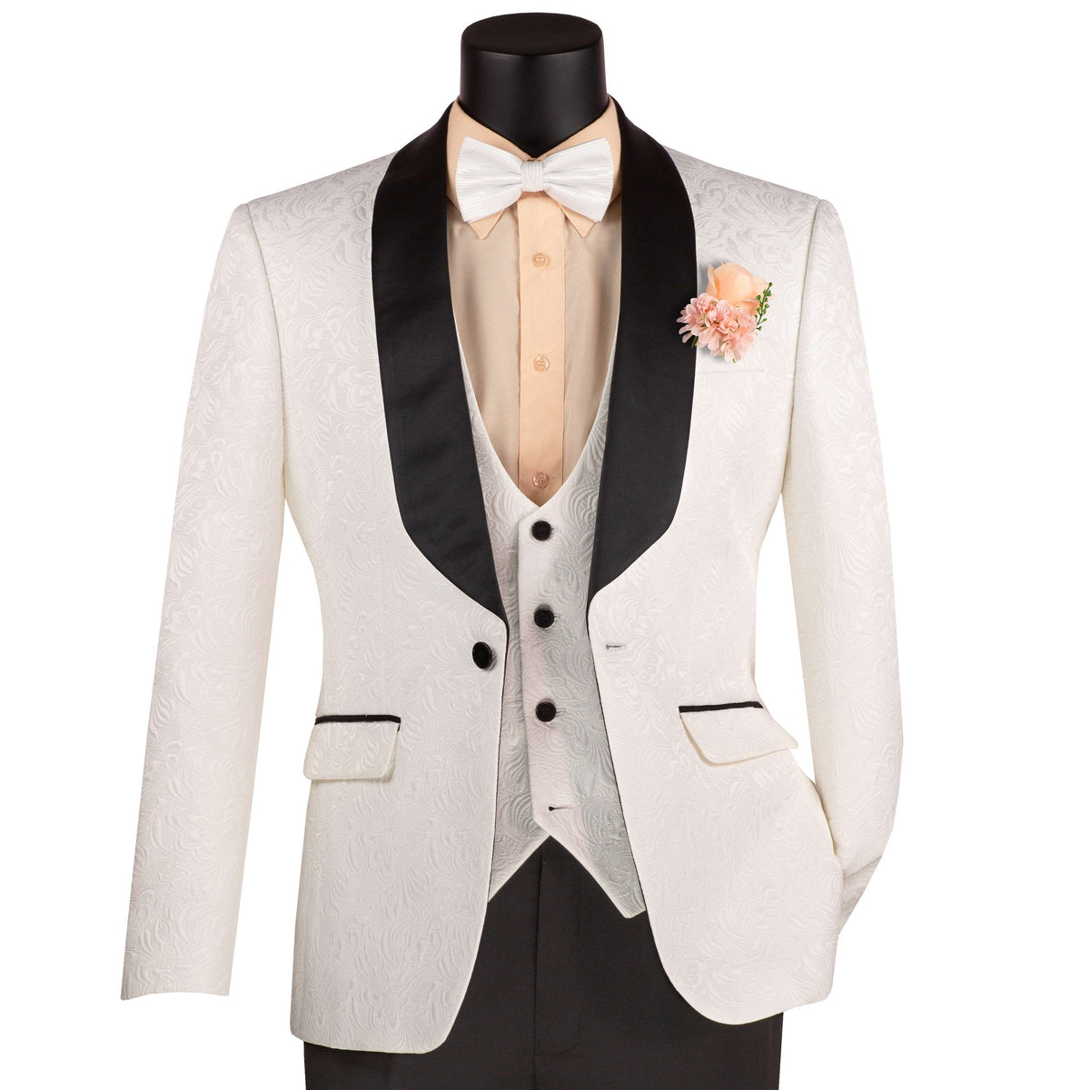 VINCI Men's White Jacquard 3-Piece Slim Fit Tuxedo Wedding Suit – NEW. Features a slim silhouette with bold trimmed shawl lapel, fully lined jacket, and flat-front tuxedo pants with unfinished hems for tailored fit. A refined choice for weddings and formal events. Available at Fashion House Inc. (FH Menswear, Style #TVSJ-1)