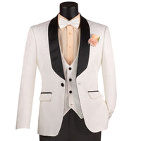 VINCI Men's White Jacquard 3-Piece Slim Fit Tuxedo Wedding Suit – NEW. Features a slim silhouette with bold trimmed shawl lapel, fully lined jacket, and flat-front tuxedo pants with unfinished hems for tailored fit. A refined choice for weddings and formal events. Available at Fashion House Inc. (FH Menswear, Style #TVSJ-1)