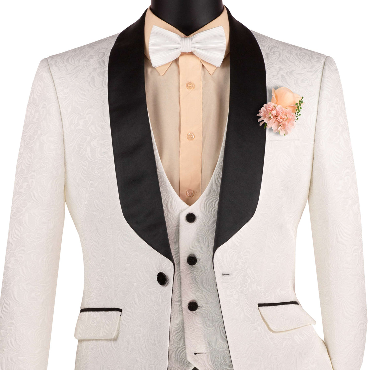 VINCI Men's White Jacquard 3-Piece Slim Fit Tuxedo Wedding Suit – NEW. Features a slim silhouette with bold trimmed shawl lapel, fully lined jacket, and flat-front tuxedo pants with unfinished hems for tailored fit. A refined choice for weddings and formal events. Available at Fashion House Inc. (FH Menswear, Style #TVSJ-1)