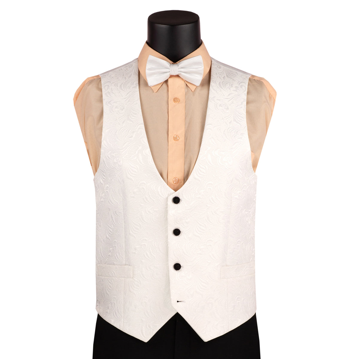 VINCI Men's White Jacquard 3-Piece Slim Fit Tuxedo Wedding Suit – NEW. Features a slim silhouette with bold trimmed shawl lapel, fully lined jacket, and flat-front tuxedo pants with unfinished hems for tailored fit. A refined choice for weddings and formal events. Available at Fashion House Inc. (FH Menswear, Style #TVSJ-1)