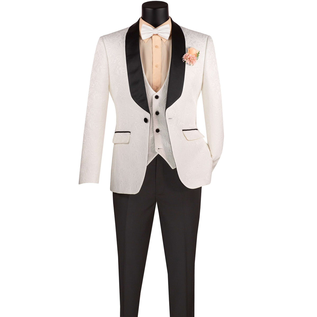 VINCI Men's White Jacquard 3-Piece Slim Fit Tuxedo Wedding Suit – NEW. Features a slim silhouette with bold trimmed shawl lapel, fully lined jacket, and flat-front tuxedo pants with unfinished hems for tailored fit. A refined choice for weddings and formal events. Available at Fashion House Inc. (FH Menswear, Style #TVSJ-1)