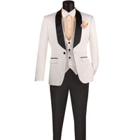 VINCI Men's White Jacquard 3-Piece Slim Fit Tuxedo Wedding Suit – NEW. Features a slim silhouette with bold trimmed shawl lapel, fully lined jacket, and flat-front tuxedo pants with unfinished hems for tailored fit. A refined choice for weddings and formal events. Available at Fashion House Inc. (FH Menswear, Style #TVSJ-1)