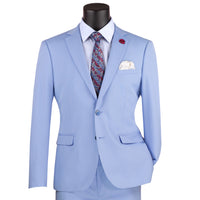 VINCI Men's Light Blue Stretch 2-Button Skinny-Fit Suit - NEW. Crafted with an ultra-slim silhouette, featuring a fully lined notch lapel jacket and sleek skinny pants ready for custom tailoring. Ideal for a sharp, fashionable appearance in both professional and social settings. Available at Fashion House Inc. (FH Menswear)