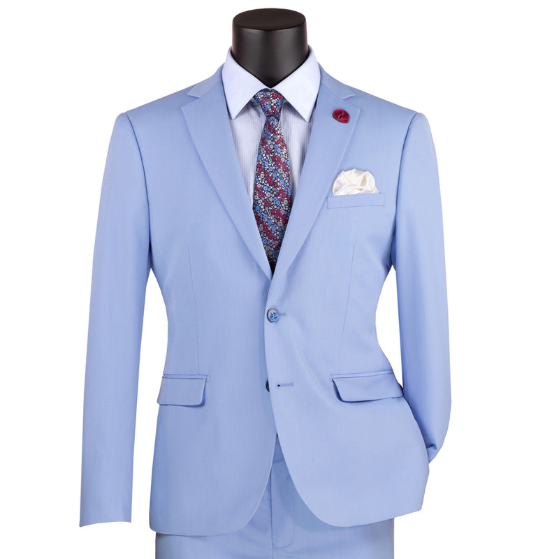 VINCI Men's Light Blue Stretch 2-Button Skinny-Fit Suit - NEW. Crafted with an ultra-slim silhouette, featuring a fully lined notch lapel jacket and sleek skinny pants ready for custom tailoring. Ideal for a sharp, fashionable appearance in both professional and social settings. Available at Fashion House Inc. (FH Menswear)