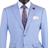 VINCI Men's Light Blue Stretch 2-Button Skinny-Fit Suit - NEW. Crafted with an ultra-slim silhouette, featuring a fully lined notch lapel jacket and sleek skinny pants ready for custom tailoring. Ideal for a sharp, fashionable appearance in both professional and social settings. Available at Fashion House Inc. (FH Menswear)
