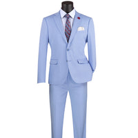 VINCI Men's Light Blue Stretch 2-Button Skinny-Fit Suit - NEW. Crafted with an ultra-slim silhouette, featuring a fully lined notch lapel jacket and sleek skinny pants ready for custom tailoring. Ideal for a sharp, fashionable appearance in both professional and social settings. Available at Fashion House Inc. (FH Menswear)