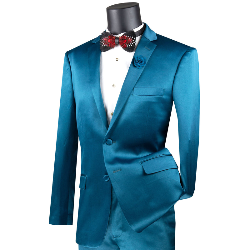 VINCI Men's Teal Blue Sateen Stretch 2-Button Skinny Fit Suit - NEW. Ultra-slim silhouette with a fully lined notch lapel jacket and flat-front skinny pants ready for precise tailoring. Perfect for achieving a sharp, contemporary look at evening events. Available at Fashion House Inc. (FH Menswear)
