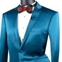 VINCI Men's Teal Blue Sateen Stretch 2-Button Skinny Fit Suit - NEW. Ultra-slim silhouette with a fully lined notch lapel jacket and flat-front skinny pants ready for precise tailoring. Perfect for achieving a sharp, contemporary look at evening events. Available at Fashion House Inc. (FH Menswear)