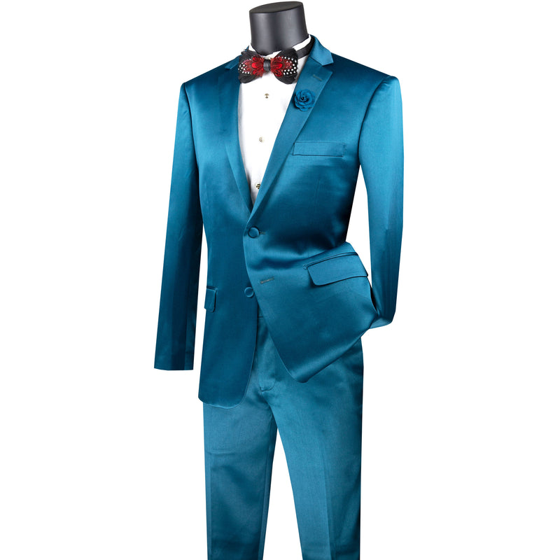 VINCI Men's Teal Blue Sateen Stretch 2-Button Skinny Fit Suit - NEW. Ultra-slim silhouette with a fully lined notch lapel jacket and flat-front skinny pants ready for precise tailoring. Perfect for achieving a sharp, contemporary look at evening events. Available at Fashion House Inc. (FH Menswear)