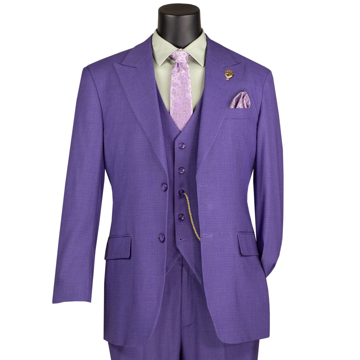 VINCI Men's Purple Textured 3pc Regular Fit Suit with Adjustable Waist, Sizes 38S-62L - NEW. Features a bold peak lapel jacket with fancy lining and flat-front pants for custom tailoring. Ideal for professional and evening wear, offering timeless style and comfort. Available at Fashion House Inc. (FH Menswear)