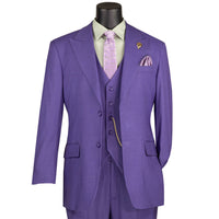 VINCI Men's Purple Textured 3pc Regular Fit Suit with Adjustable Waist, Sizes 38S-62L - NEW. Features a bold peak lapel jacket with fancy lining and flat-front pants for custom tailoring. Ideal for professional and evening wear, offering timeless style and comfort. Available at Fashion House Inc. (FH Menswear)