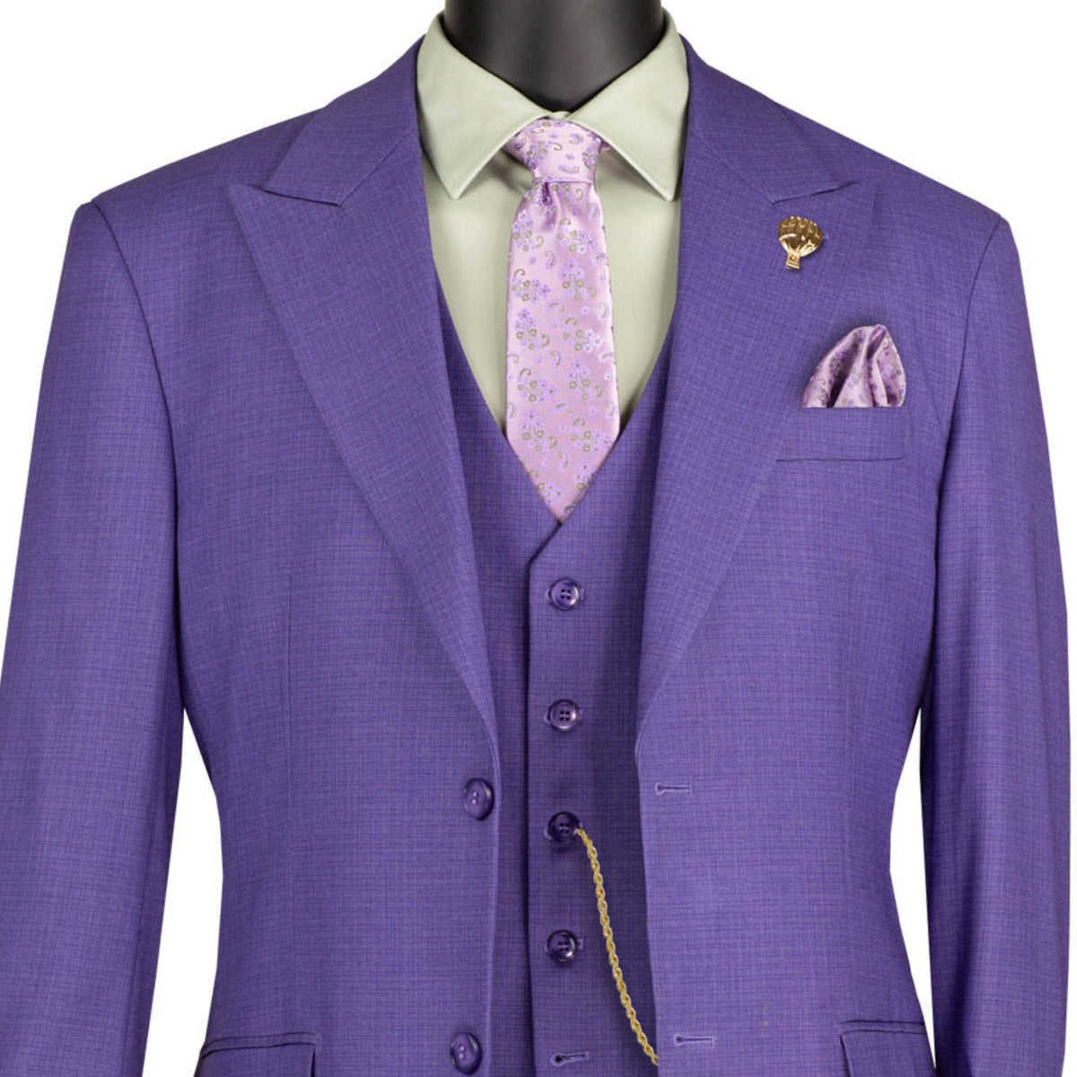VINCI Men's Purple Textured 3pc Regular Fit Suit with Adjustable Waist, Sizes 38S-62L - NEW. Features a bold peak lapel jacket with fancy lining and flat-front pants for custom tailoring. Ideal for professional and evening wear, offering timeless style and comfort. Available at Fashion House Inc. (FH Menswear)