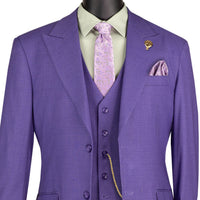 VINCI Men's Purple Textured 3pc Regular Fit Suit with Adjustable Waist, Sizes 38S-62L - NEW. Features a bold peak lapel jacket with fancy lining and flat-front pants for custom tailoring. Ideal for professional and evening wear, offering timeless style and comfort. Available at Fashion House Inc. (FH Menswear)