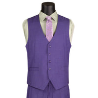 VINCI Men's Purple Textured 3pc Regular Fit Suit with Adjustable Waist, Sizes 38S-62L - NEW. Features a bold peak lapel jacket with fancy lining and flat-front pants for custom tailoring. Ideal for professional and evening wear, offering timeless style and comfort. Available at Fashion House Inc. (FH Menswear)