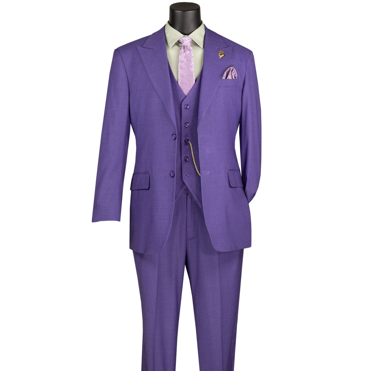VINCI Men's Purple Textured 3pc Regular Fit Suit with Adjustable Waist, Sizes 38S-62L - NEW. Features a bold peak lapel jacket with fancy lining and flat-front pants for custom tailoring. Ideal for professional and evening wear, offering timeless style and comfort. Available at Fashion House Inc. (FH Menswear)