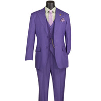 VINCI Men's Purple Textured 3pc Regular Fit Suit with Adjustable Waist, Sizes 38S-62L - NEW. Features a bold peak lapel jacket with fancy lining and flat-front pants for custom tailoring. Ideal for professional and evening wear, offering timeless style and comfort. Available at Fashion House Inc. (FH Menswear)