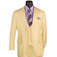 VINCI Men's Butter Sharkskin 3pc Classic Fit Suit with Adjustable Waist – NEW. Features a bold peak lapel, upscale lining, and flat-front pants with flexible waistband for custom tailoring. A timeless choice for work or formal events. Available at Fashion House Inc. (FH Menswear, Style #V2RK-5)