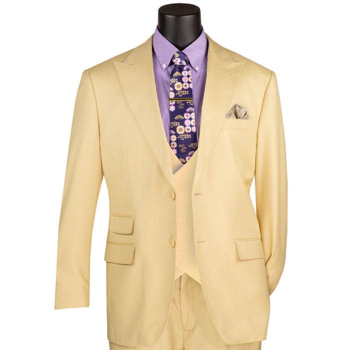 VINCI Men's Butter Sharkskin 3pc Classic Fit Suit with Adjustable Waist – NEW. Features a bold peak lapel, upscale lining, and flat-front pants with flexible waistband for custom tailoring. A timeless choice for work or formal events. Available at Fashion House Inc. (FH Menswear, Style #V2RK-5)