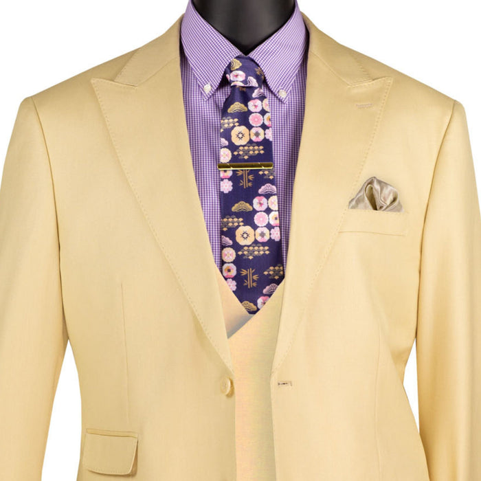 VINCI Men's Butter Sharkskin 3pc Classic Fit Suit with Adjustable Waist – NEW. Features a bold peak lapel, upscale lining, and flat-front pants with flexible waistband for custom tailoring. A timeless choice for work or formal events. Available at Fashion House Inc. (FH Menswear, Style #V2RK-5)