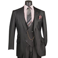 VINCI Men's Black Sharkskin 3pc Classic Fit Suit with Adjustable Waist – NEW. Features a bold peak lapel, upscale lining, and flat-front pants with flexible waistband for custom tailoring. A timeless choice for work or formal events. Available at Fashion House Inc. (FH Menswear, Style #V2RK-5)