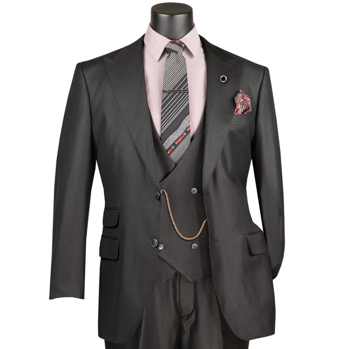 VINCI Men's Black Sharkskin 3pc Classic Fit Suit with Adjustable Waist – NEW. Features a bold peak lapel, upscale lining, and flat-front pants with flexible waistband for custom tailoring. A timeless choice for work or formal events. Available at Fashion House Inc. (FH Menswear, Style #V2RK-5)
