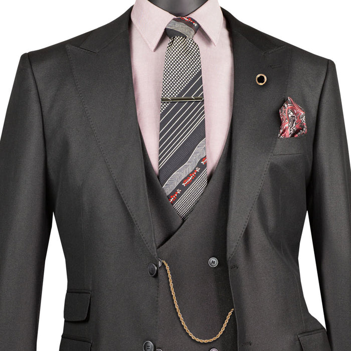 VINCI Men's Black Sharkskin 3pc Classic Fit Suit with Adjustable Waist – NEW. Features a bold peak lapel, upscale lining, and flat-front pants with flexible waistband for custom tailoring. A timeless choice for work or formal events. Available at Fashion House Inc. (FH Menswear, Style #V2RK-5)