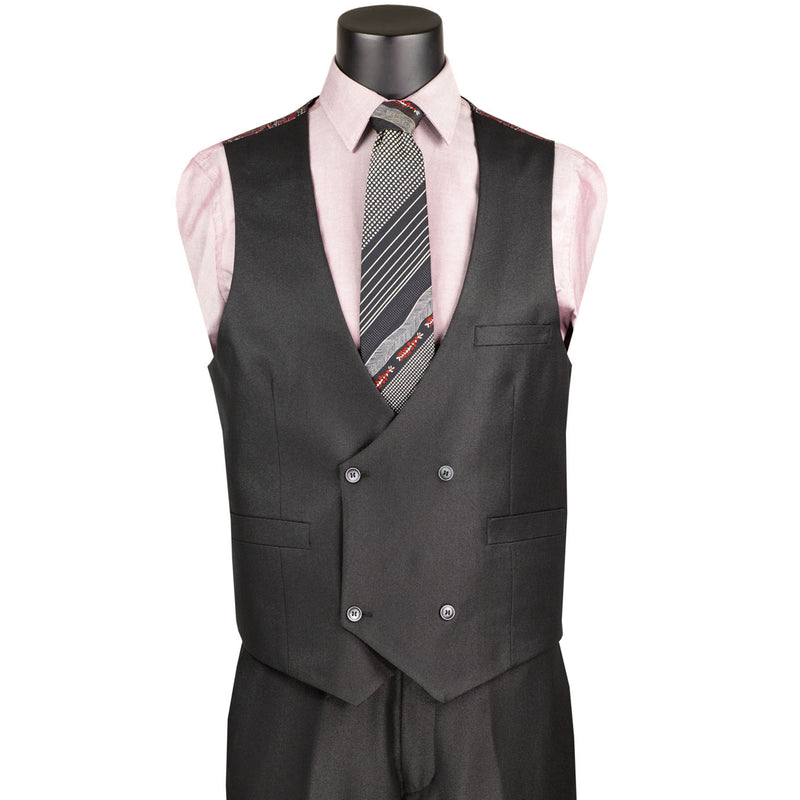 VINCI Men's Black Sharkskin 3pc Classic Fit Suit with Adjustable Waist – NEW. Features a bold peak lapel, upscale lining, and flat-front pants with flexible waistband for custom tailoring. A timeless choice for work or formal events. Available at Fashion House Inc. (FH Menswear, Style #V2RK-5)