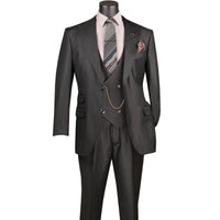 VINCI Men's Black Sharkskin 3pc Classic Fit Suit with Adjustable Waist – NEW. Features a bold peak lapel, upscale lining, and flat-front pants with flexible waistband for custom tailoring. A timeless choice for work or formal events. Available at Fashion House Inc. (FH Menswear, Style #V2RK-5)