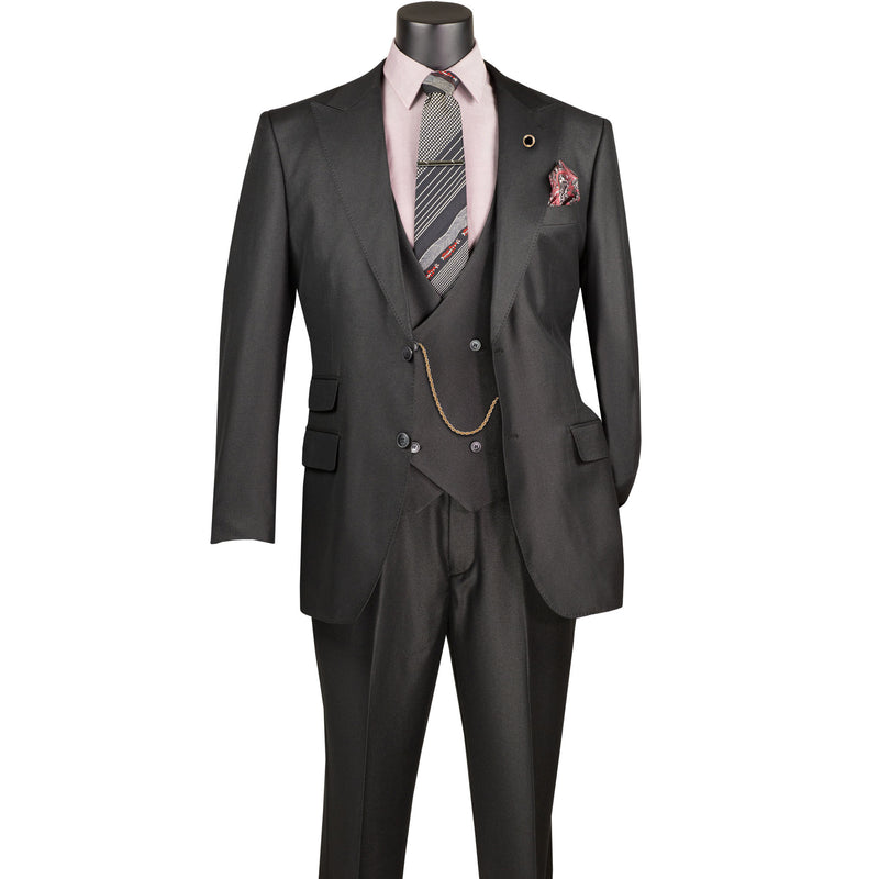 VINCI Men's Black Sharkskin 3pc Classic Fit Suit with Adjustable Waist – NEW. Features a bold peak lapel, upscale lining, and flat-front pants with flexible waistband for custom tailoring. A timeless choice for work or formal events. Available at Fashion House Inc. (FH Menswear, Style #V2RK-5)